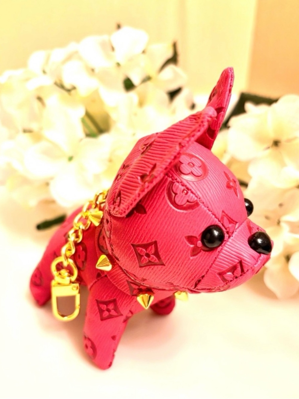 Bagcharm/Keychain adorable Frenchie dogs with spiked collars!  Hot Pink New! - Picture 3 of 6